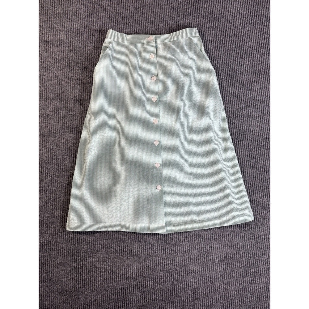 National Vintage Seersucker Green White Striped A-Line Skirt Button Front 10‎